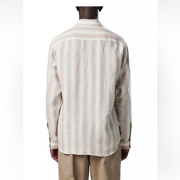 NN07  No Nationality Deon Striped Button-Front Shirt in Khaki Stripe S NWOT - Picture 4 of 10